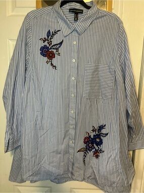 Size 22, Love & Legend Blue Striped Button-Up Shirt with Floral Embroidery
